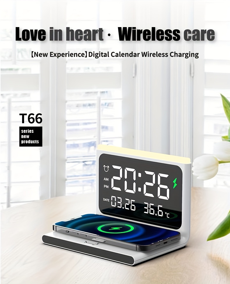 6 in 1 smartphone charger with wireless charging night light alarm clock temperature display usb powered details 0
