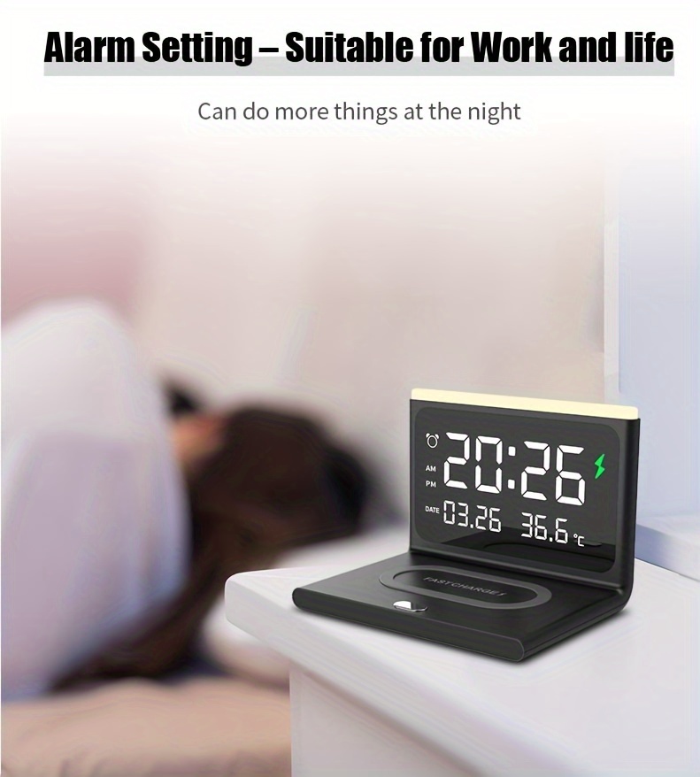 6 in 1 smartphone charger with wireless charging night light alarm clock temperature display usb powered details 3
