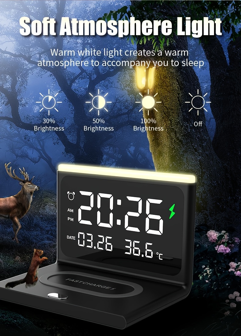 6 in 1 smartphone charger with wireless charging night light alarm clock temperature display usb powered details 4