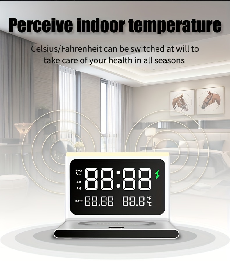 6 in 1 smartphone charger with wireless charging night light alarm clock temperature display usb powered details 5