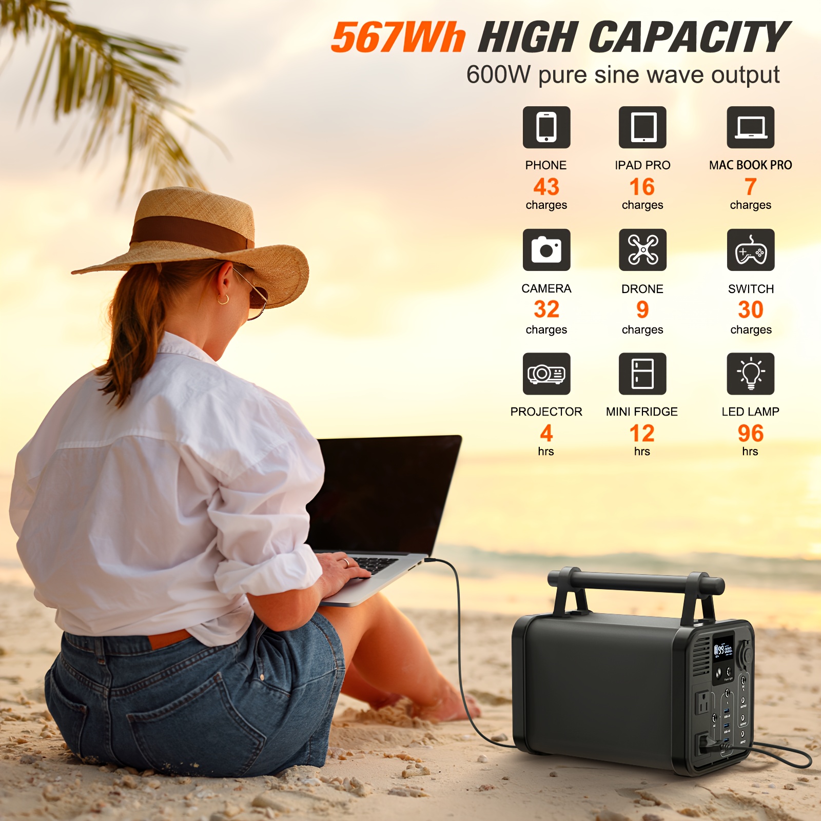 portable power station 567wh solar generator pure sine wave ac outlet for outdoor camping charging external battery pack compatible with macbook iphone dell laptop notebook details 4