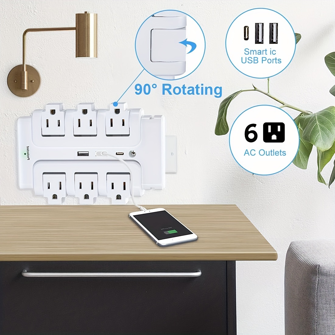 rotating wall charging station 6 outlets 3 usb protector multi plug outlet extender socket for home office details 0