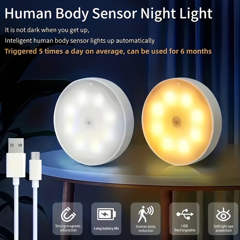 3pcs set usb induction reading light 8led charging induction light cordless magnetic sticker night light suitable for wardrobes desks bookcases bedside cold white warm white details 2