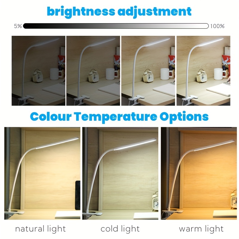 flexible clamp led desk lamp with 3 color dimmable lighting usb powered adjustable angle bedroom study and craft tables details 1