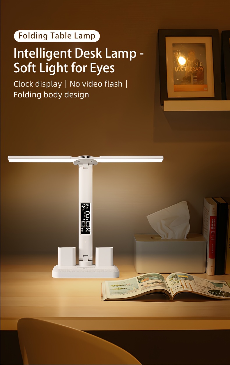 dimmable led desk lamp with adjustable arm and color temperature swing arm reading lamp with calendar time temperature display for study and office usb rechargeable plastic material details 0