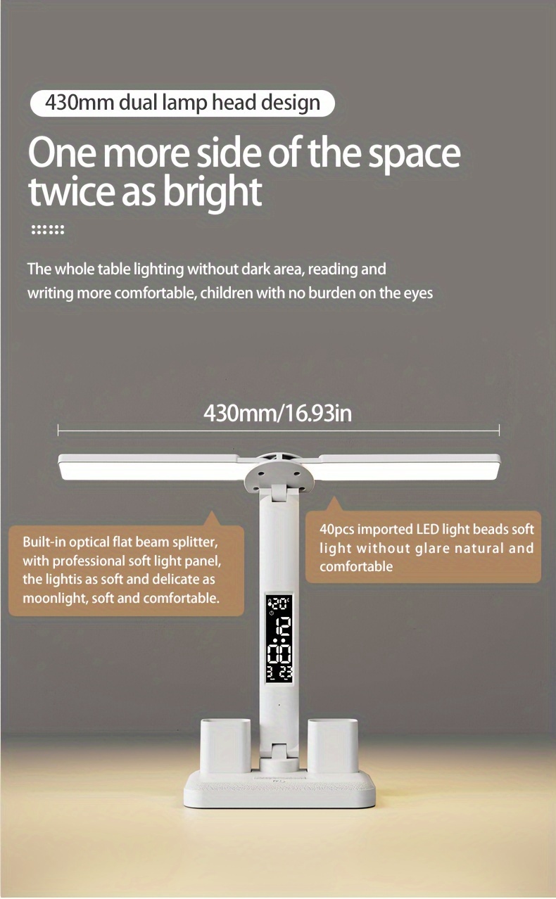 dimmable led desk lamp with adjustable arm and color temperature swing arm reading lamp with calendar time temperature display for study and office usb rechargeable plastic material details 1