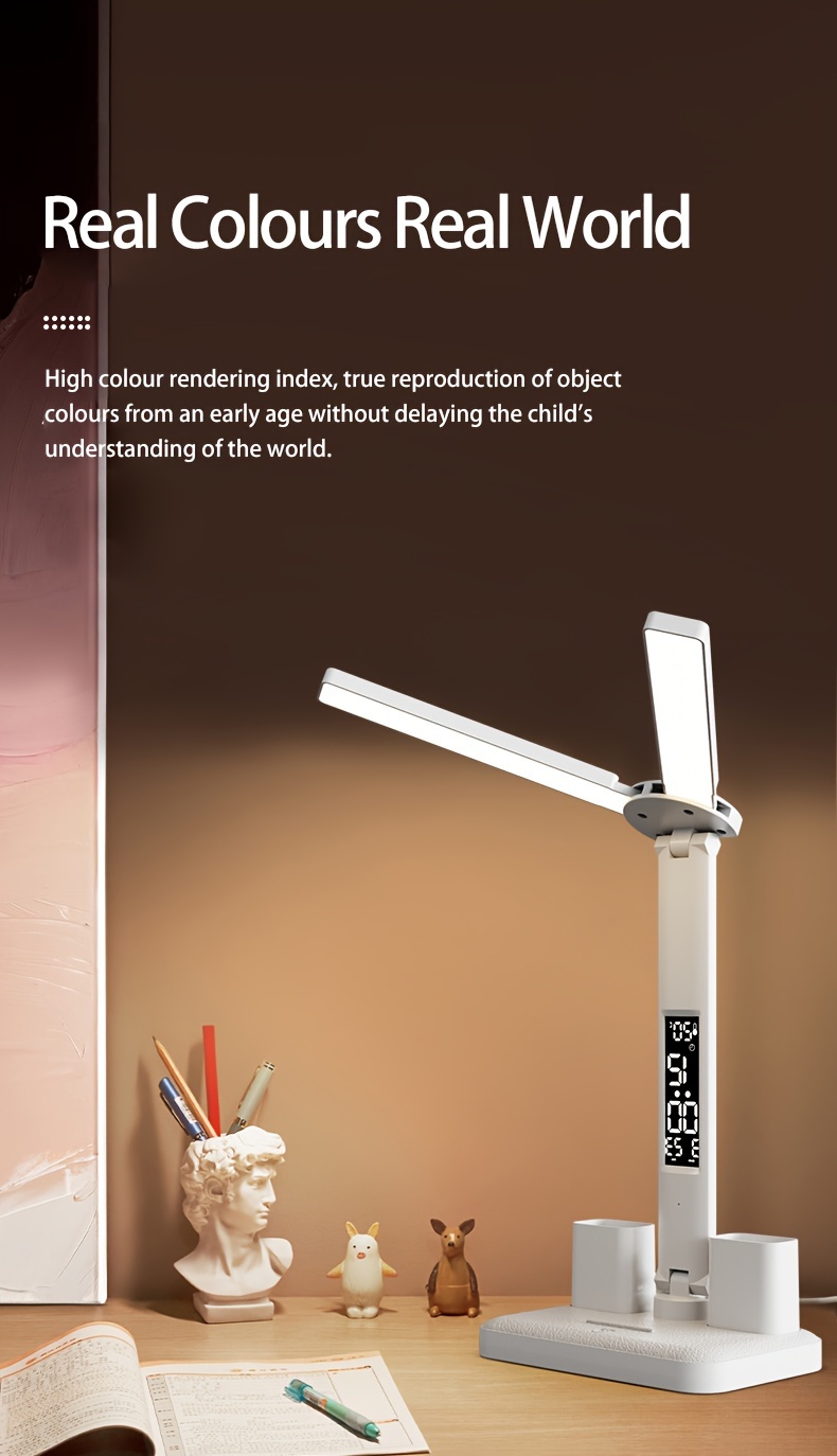 dimmable led desk lamp with adjustable arm and color temperature swing arm reading lamp with calendar time temperature display for study and office usb rechargeable plastic material details 2