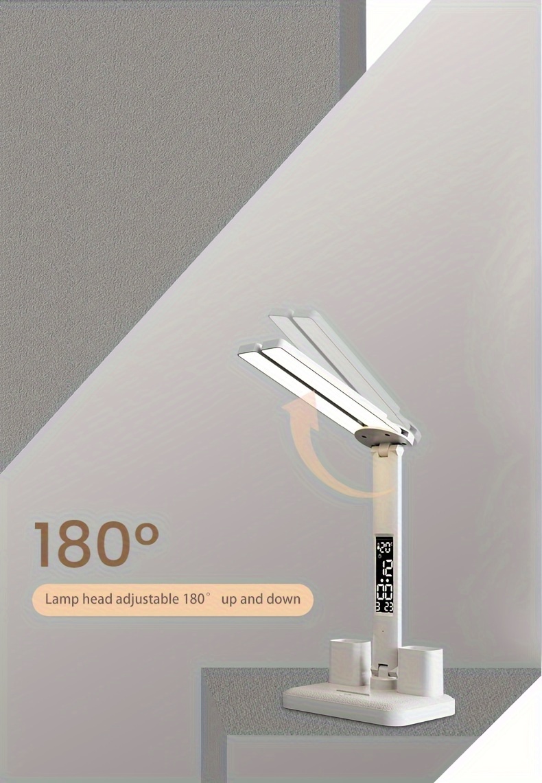 dimmable led desk lamp with adjustable arm and color temperature swing arm reading lamp with calendar time temperature display for study and office usb rechargeable plastic material details 5