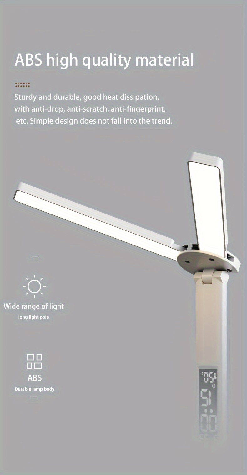 dimmable led desk lamp with adjustable arm and color temperature swing arm reading lamp with calendar time temperature display for study and office usb rechargeable plastic material details 7