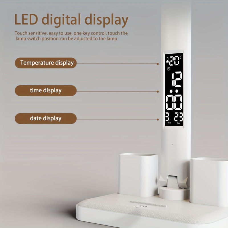 dimmable led desk lamp with adjustable arm and color temperature swing arm reading lamp with calendar time temperature display for study and office usb rechargeable plastic material details 8