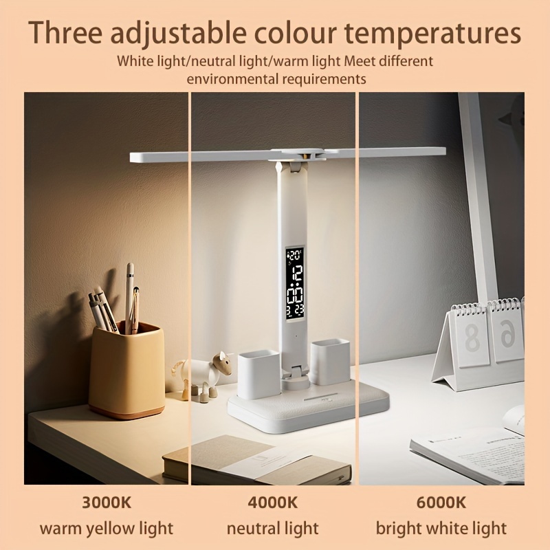 dimmable led desk lamp with adjustable arm and color temperature swing arm reading lamp with calendar time temperature display for study and office usb rechargeable plastic material details 9