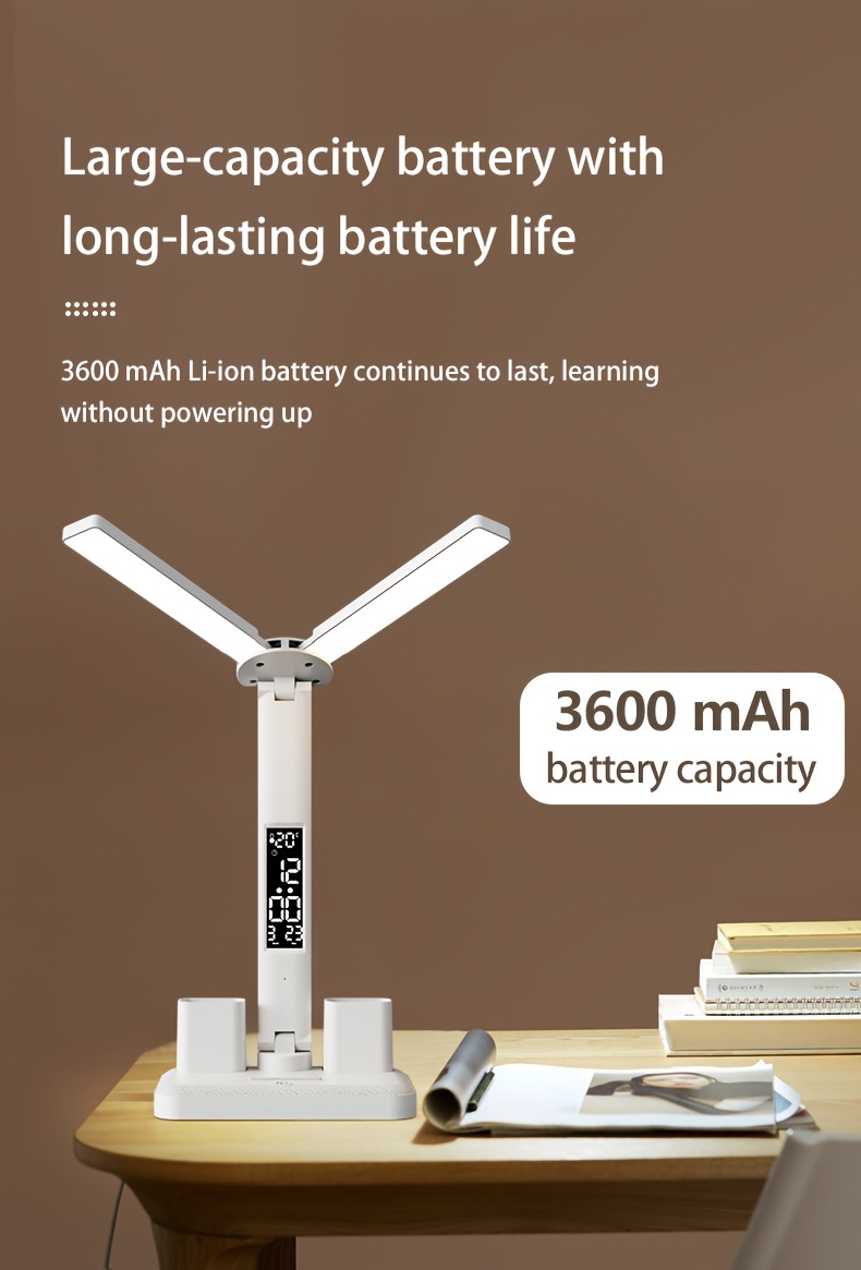 dimmable led desk lamp with adjustable arm and color temperature swing arm reading lamp with calendar time temperature display for study and office usb rechargeable plastic material details 11