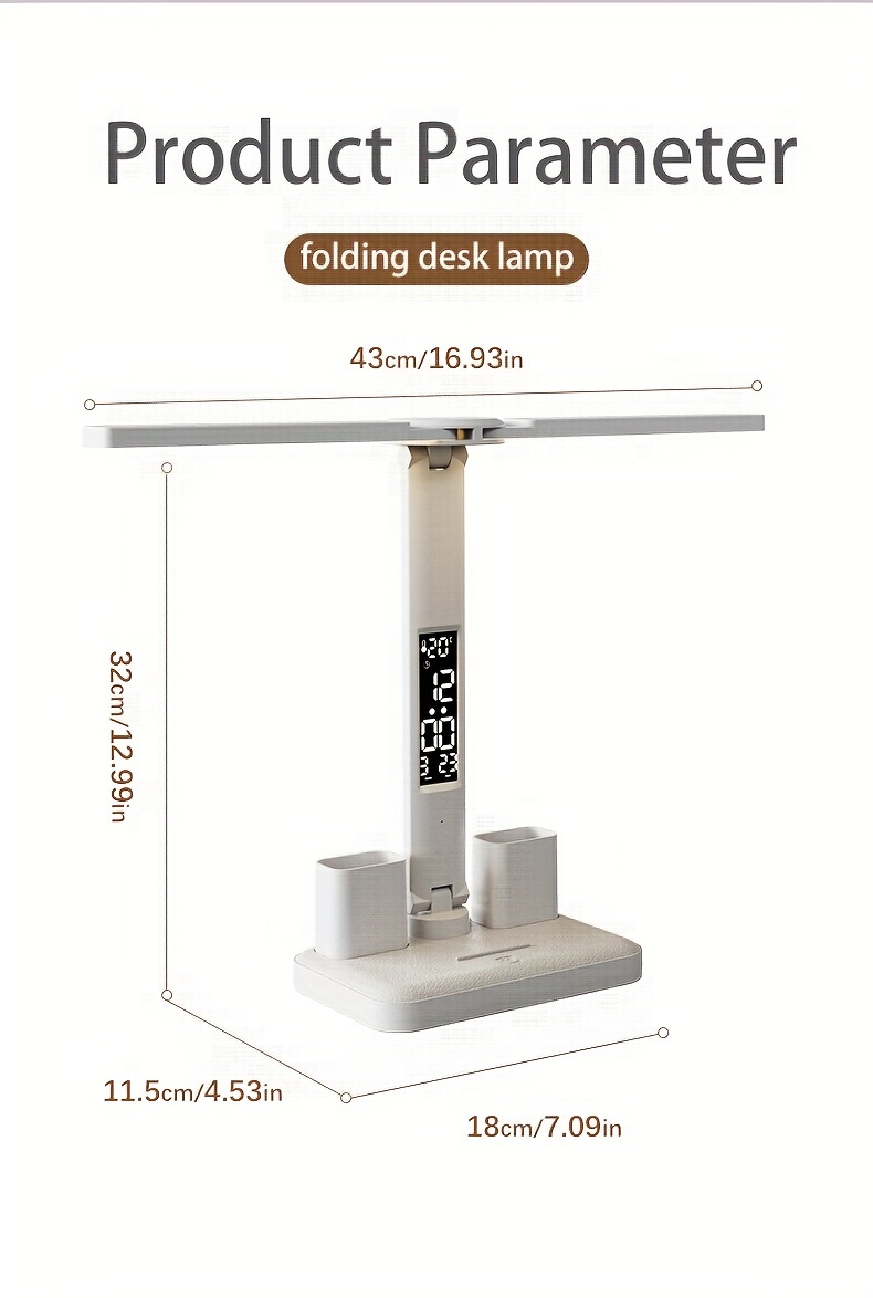 dimmable led desk lamp with adjustable arm and color temperature swing arm reading lamp with calendar time temperature display for study and office usb rechargeable plastic material details 13