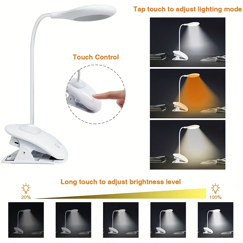 rechargeable led clip on desk lamp with adjustable lighting usb charging 2000mah lithium battery eye protection for bedroom reading household use polished plastic details 5