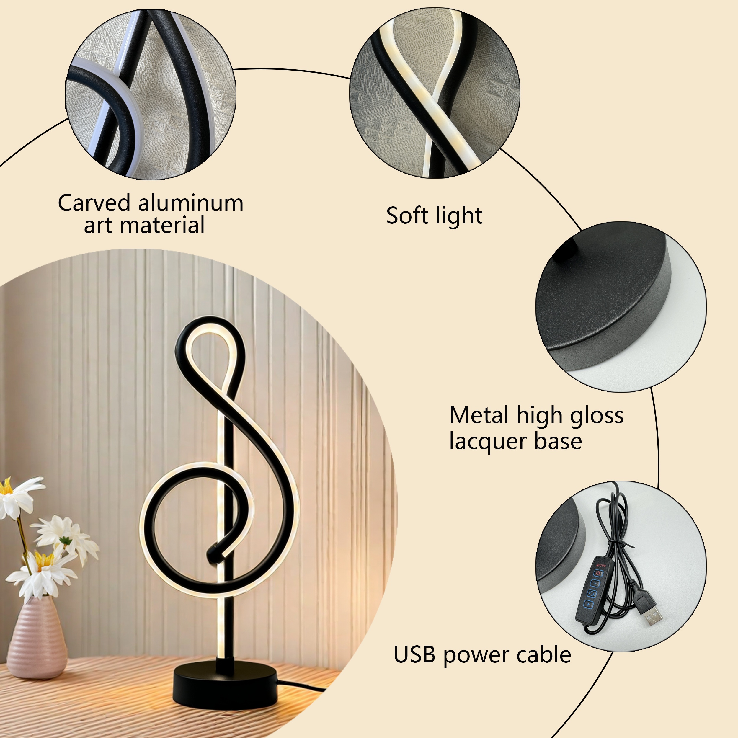 usb powered led desk lamp with 3 color adjustable lighting sleek black metal construction for office and bedroom decor details 5